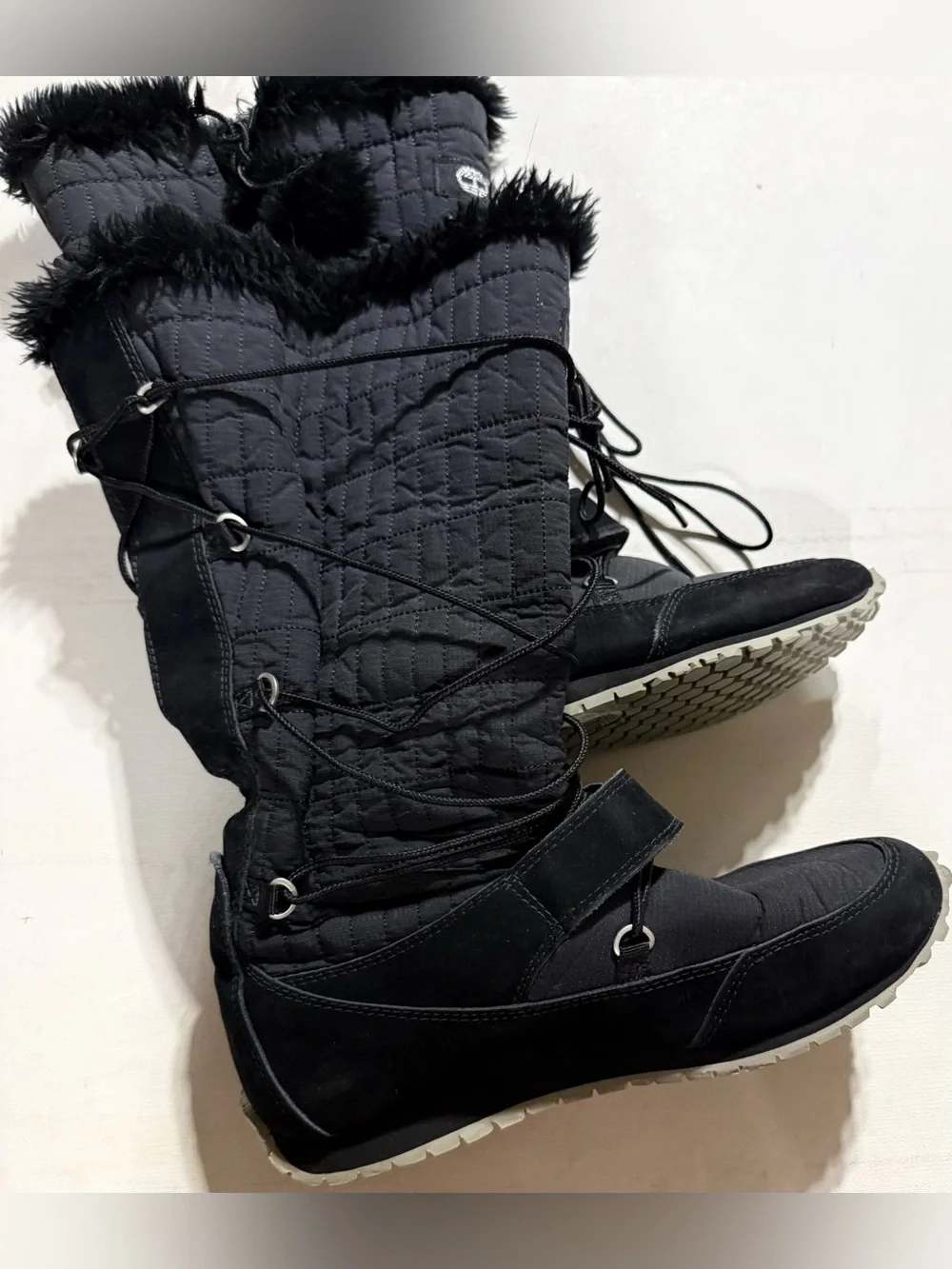 Timberland Black Quilted Lace-Up Winter Boots with Faux Fur Trim